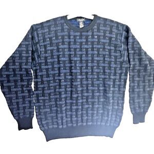 Mino Milano Men Sweater L Pullover Blue L Sleeve Wool Blend  Crew Basket Weave
